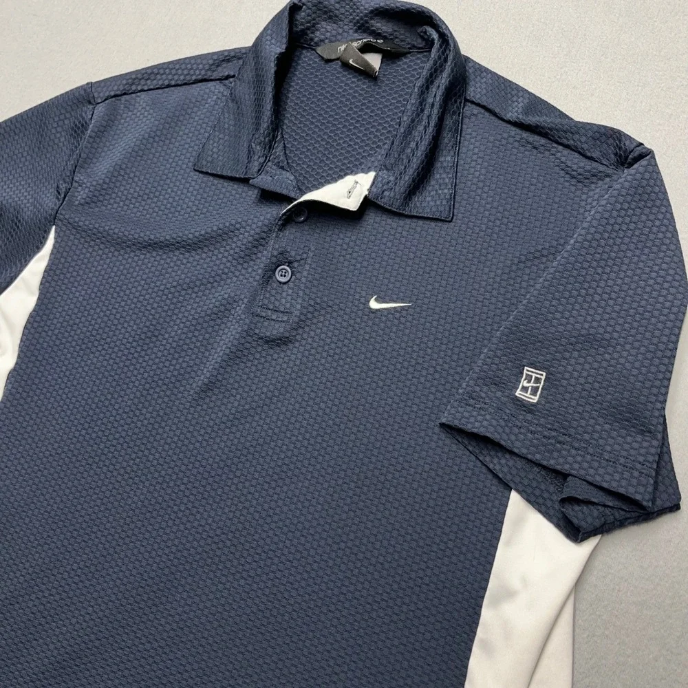 Vintage Nike Court Tennis Polo Shirt Navy Blue‎ White Andre Agassi Swoosh Medium